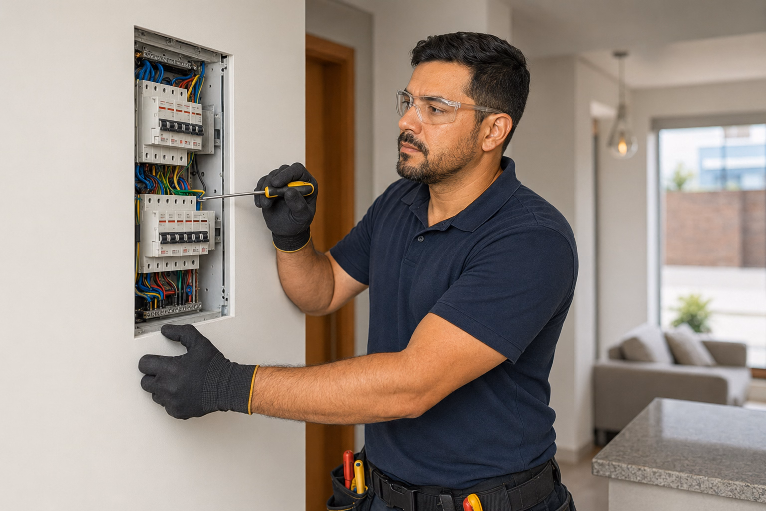 Eletricista trabalhando em quadro elétrico residencial.